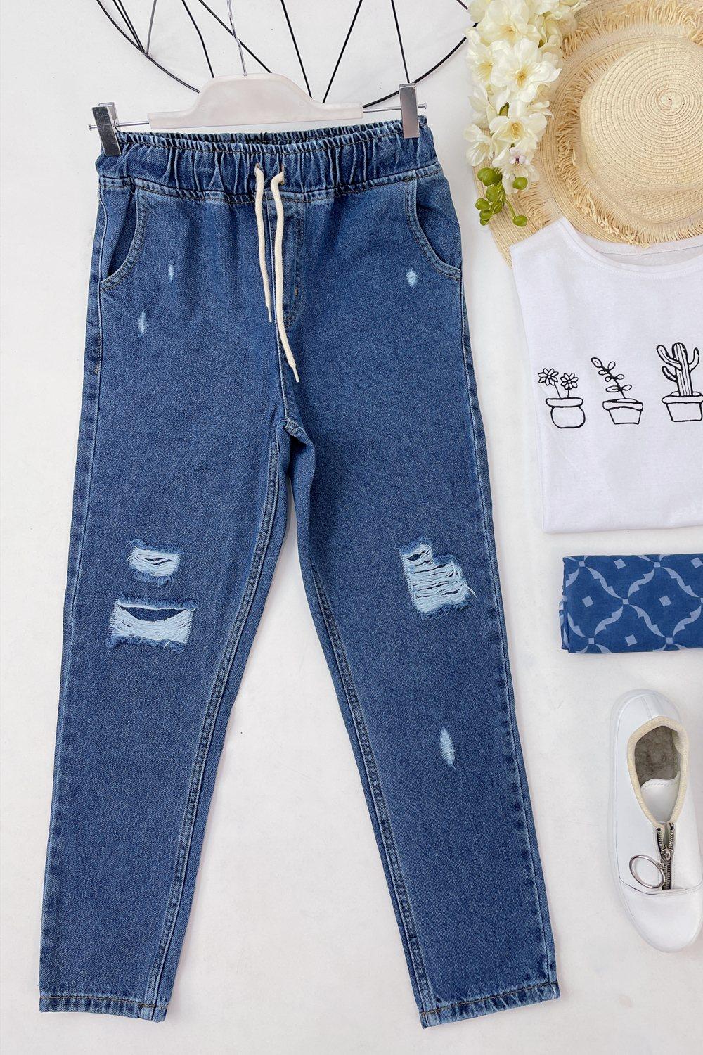 BELİ LASTİK YIRTIK JEAN
