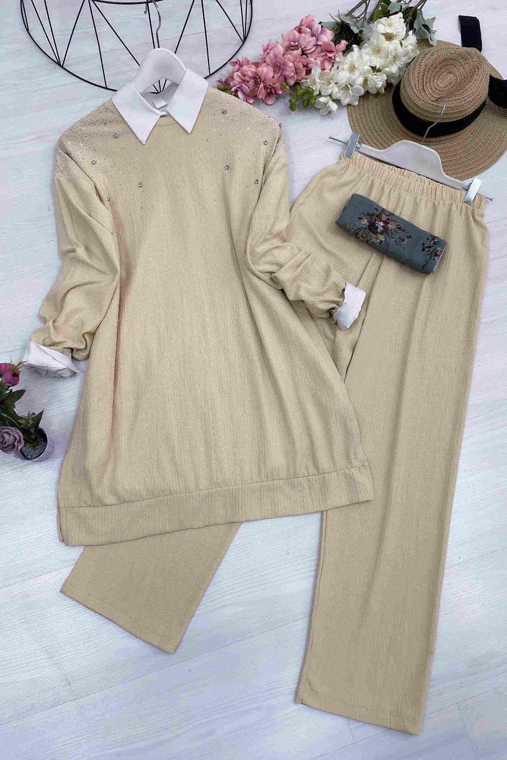 OMUZU TAŞ DETAYLI BÜRÜMCÜK TAKIM