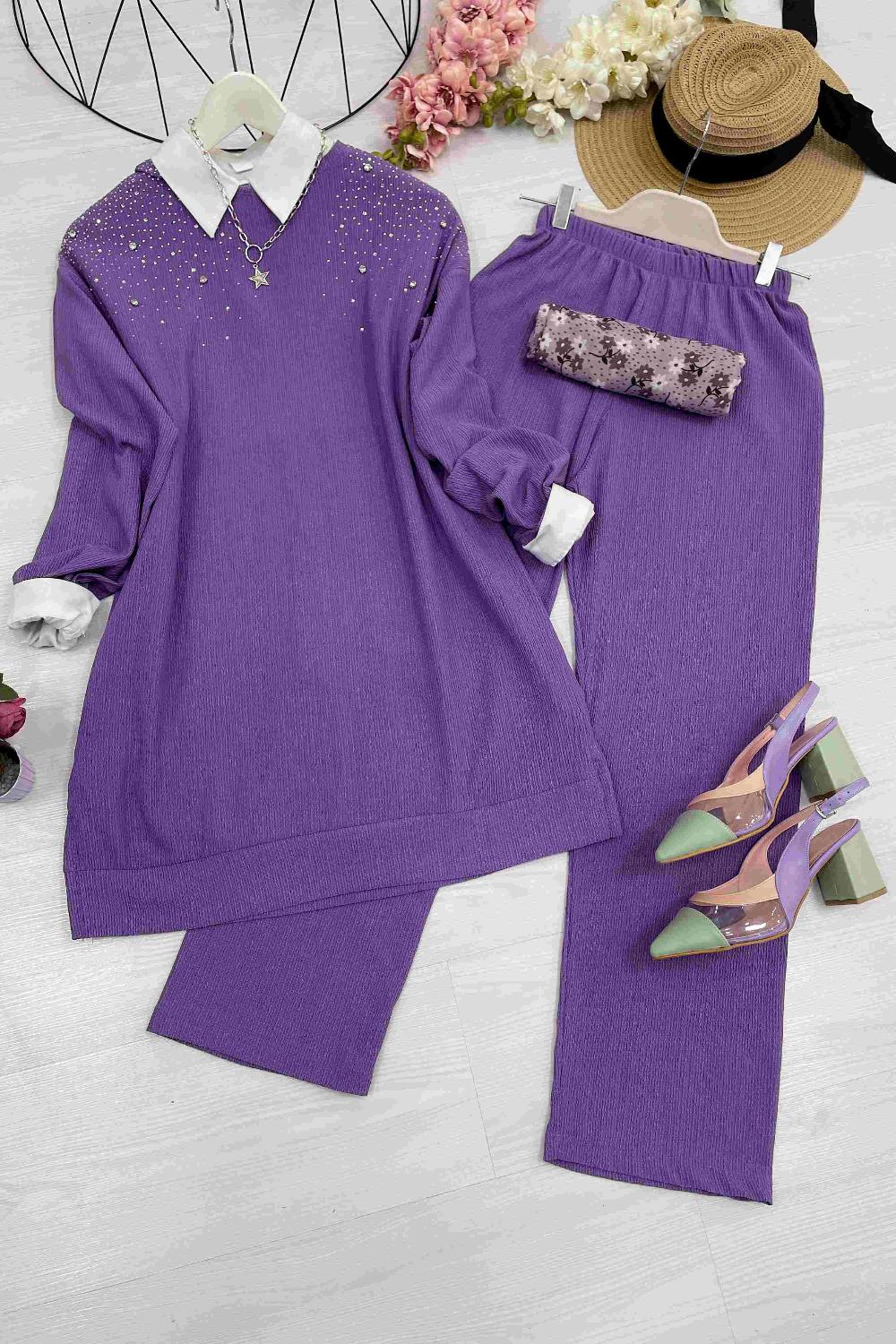 OMUZU TAŞ DETAYLI BÜRÜMCÜK TAKIM