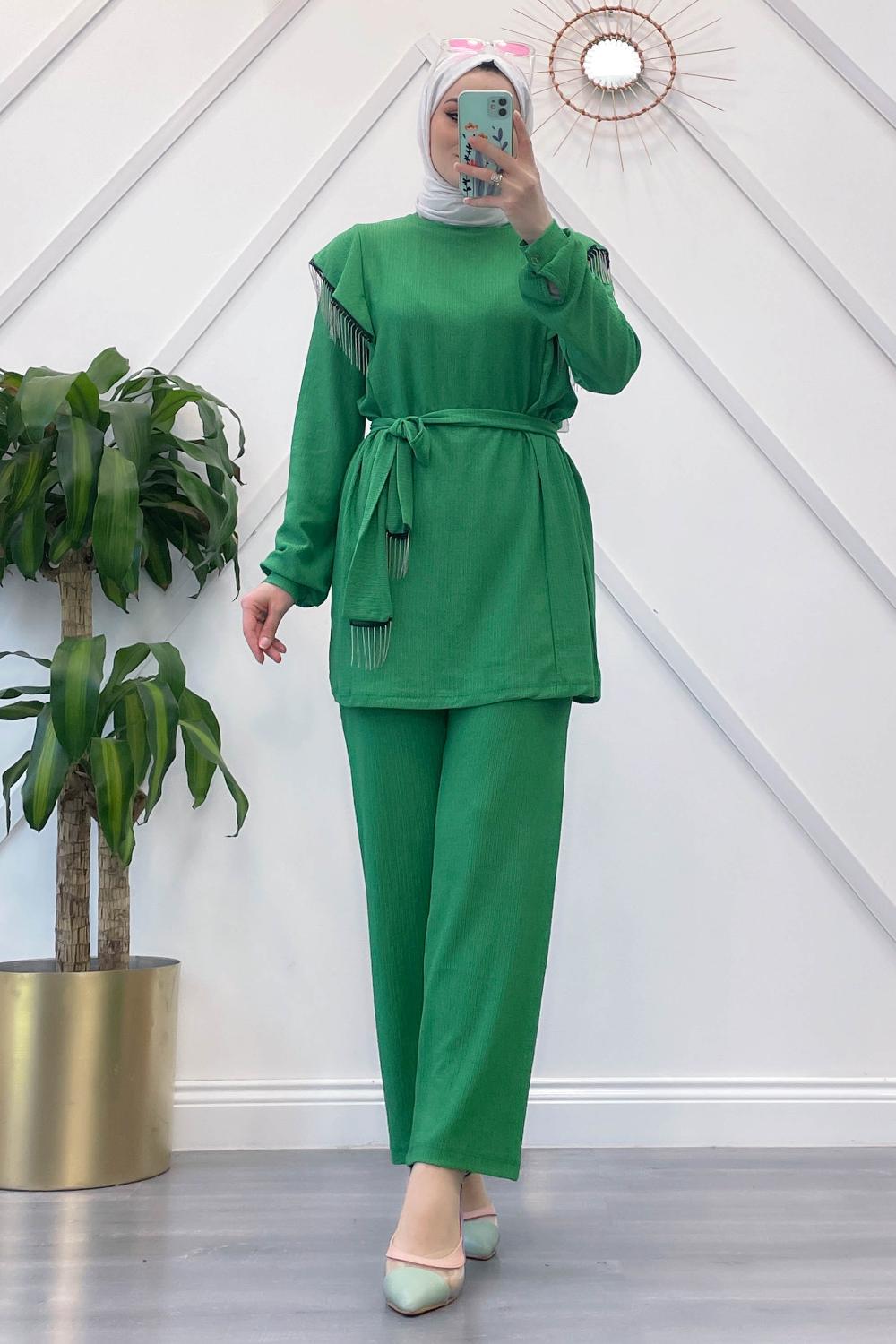 OMUZDAN SAÇAKLI KUŞAKLI BÜRÜMCÜK TAKIM