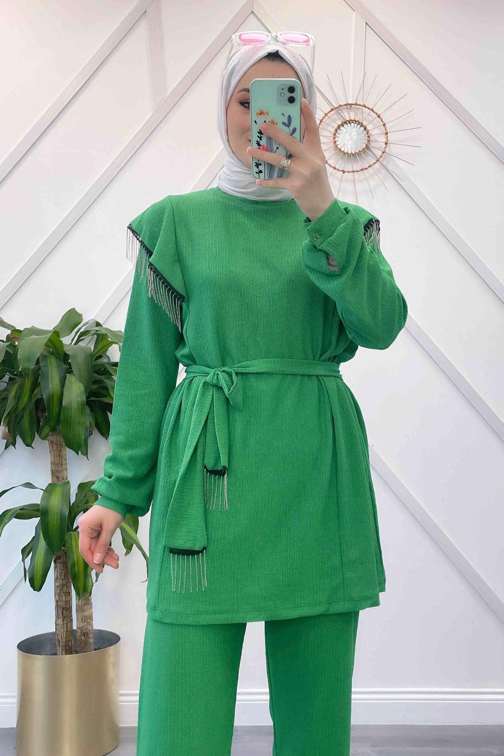 OMUZDAN SAÇAKLI KUŞAKLI BÜRÜMCÜK TAKIM