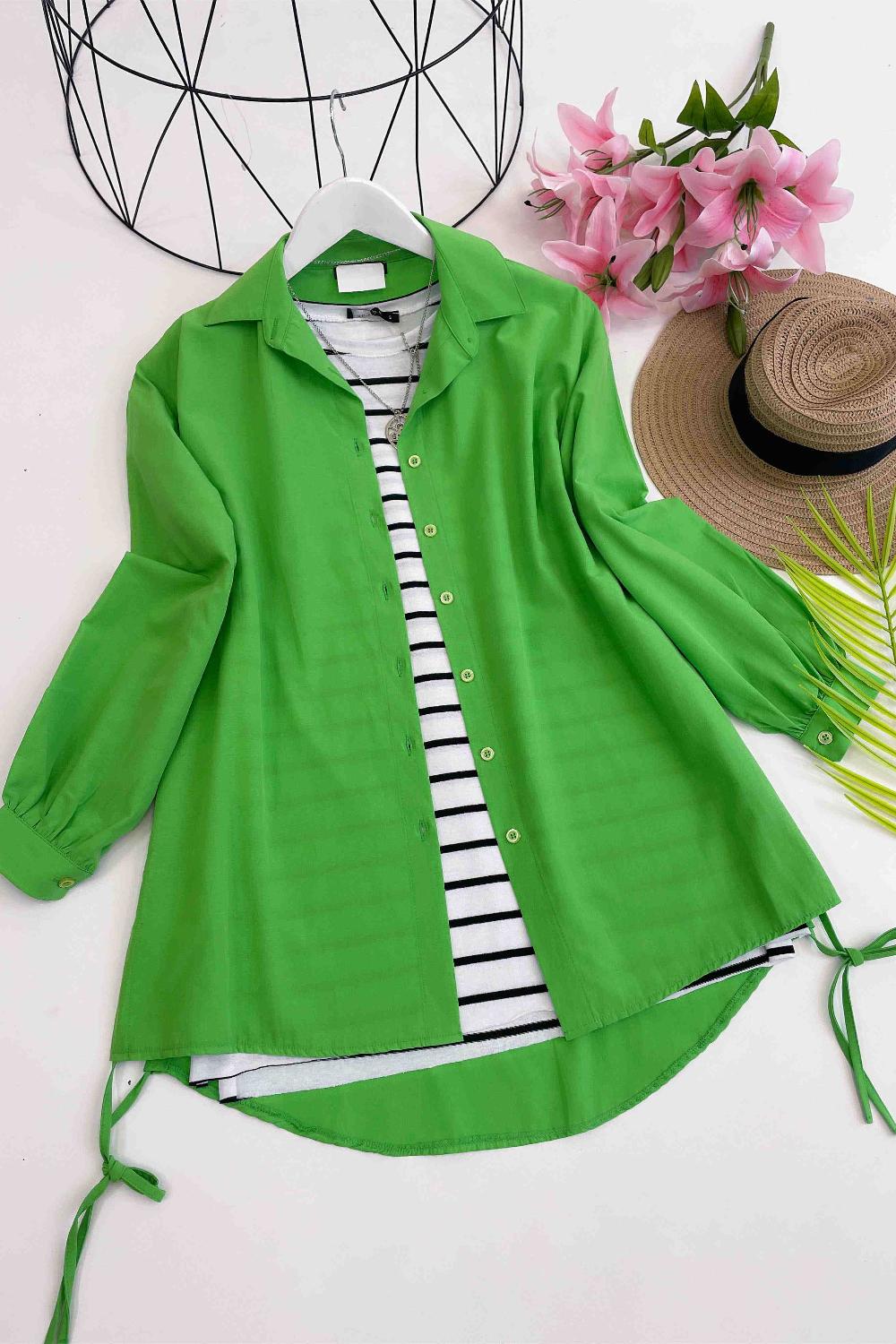 YANLARDAN İPLİ PAMUK KETEN GÖMLEK