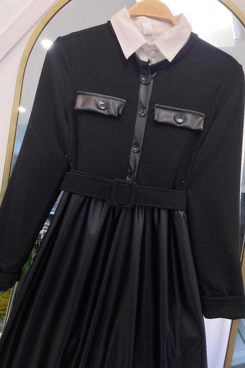 CEP DETAYLI FİTİLLİ DERİ ELBİSE