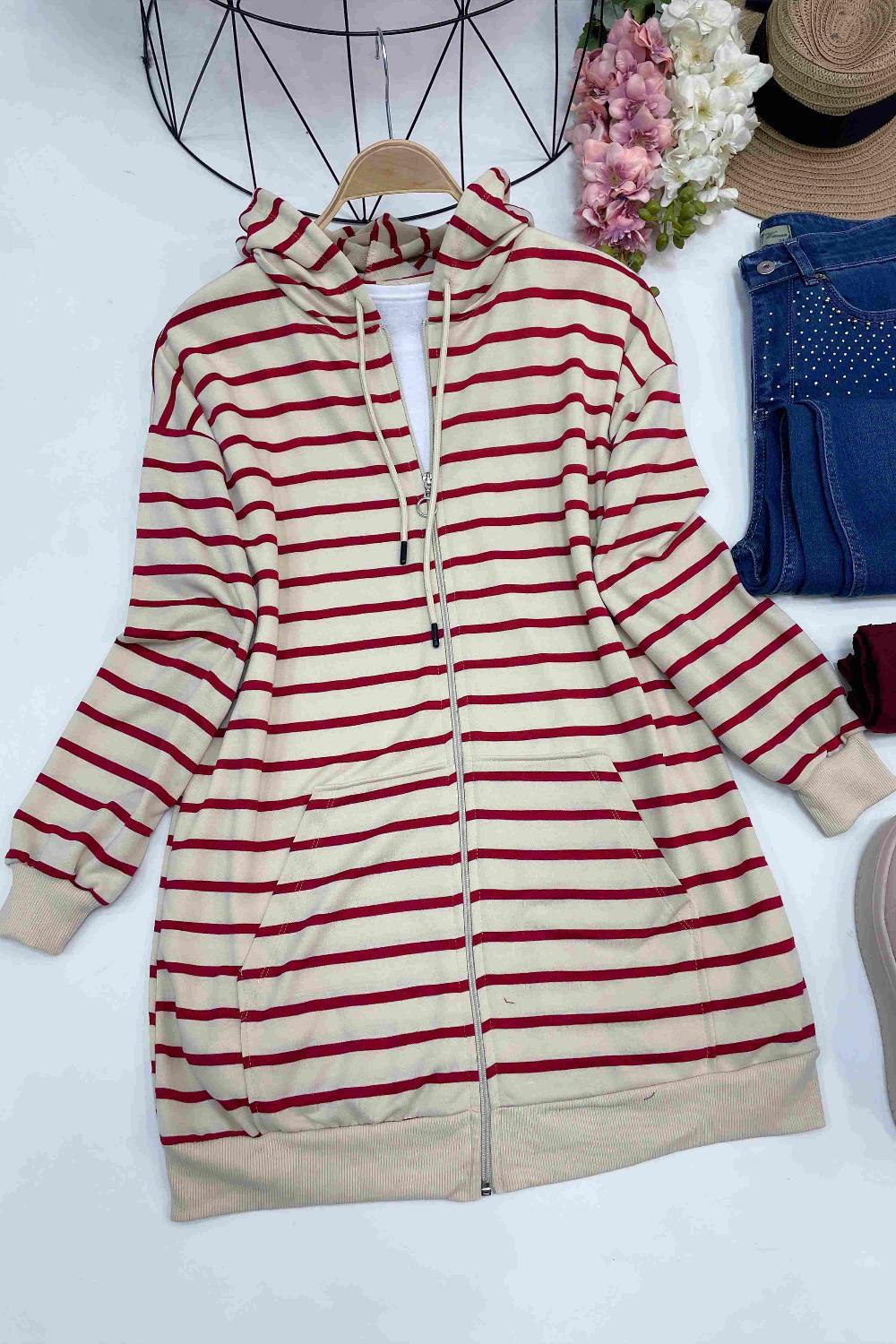 ÇİZGİLİ FERMUARLI KAPŞONLU HIRKA