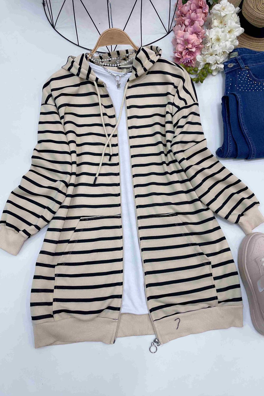 ÇİZGİLİ FERMUARLI KAPŞONLU HIRKA