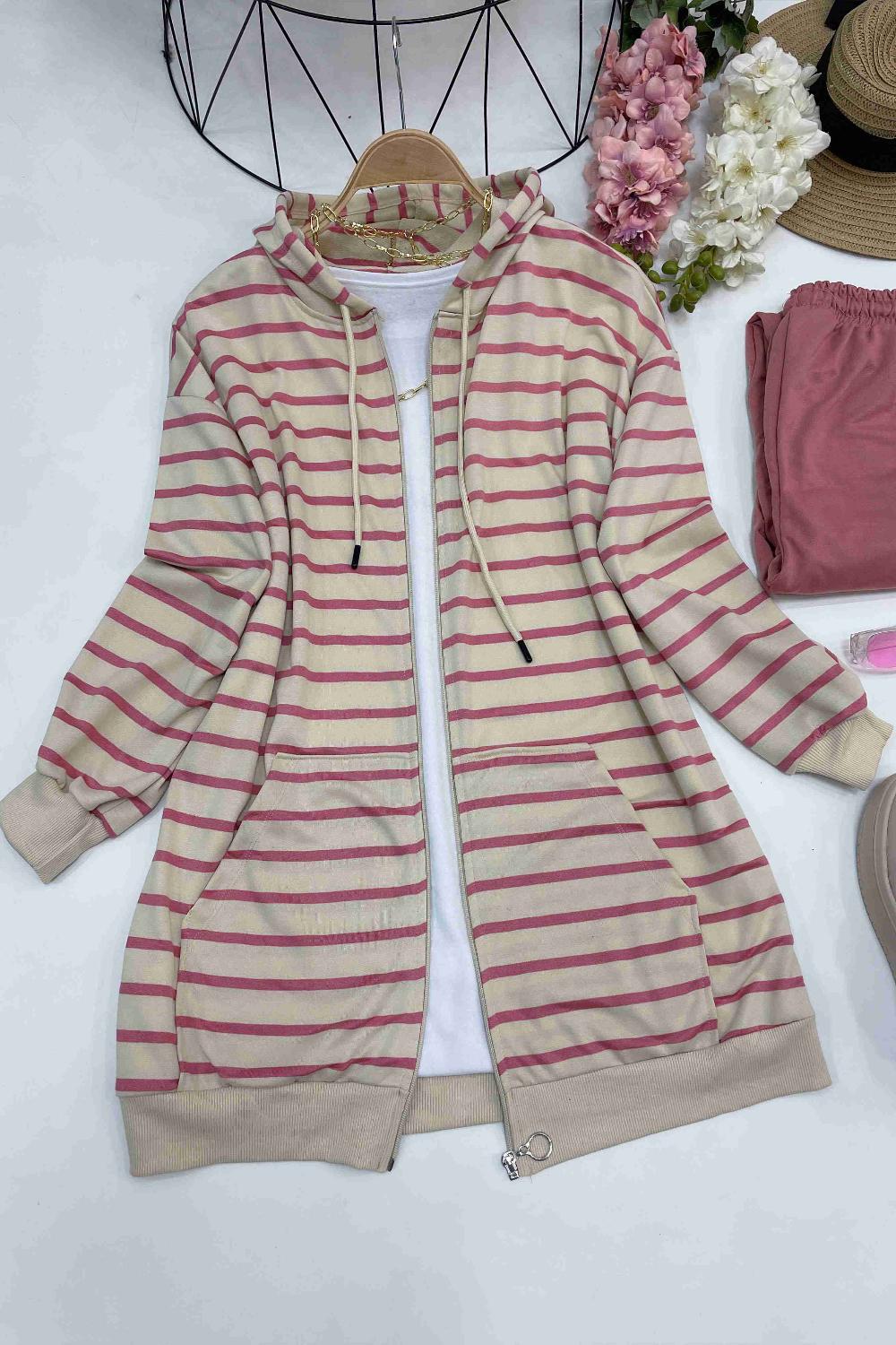 ÇİZGİLİ FERMUARLI KAPŞONLU HIRKA