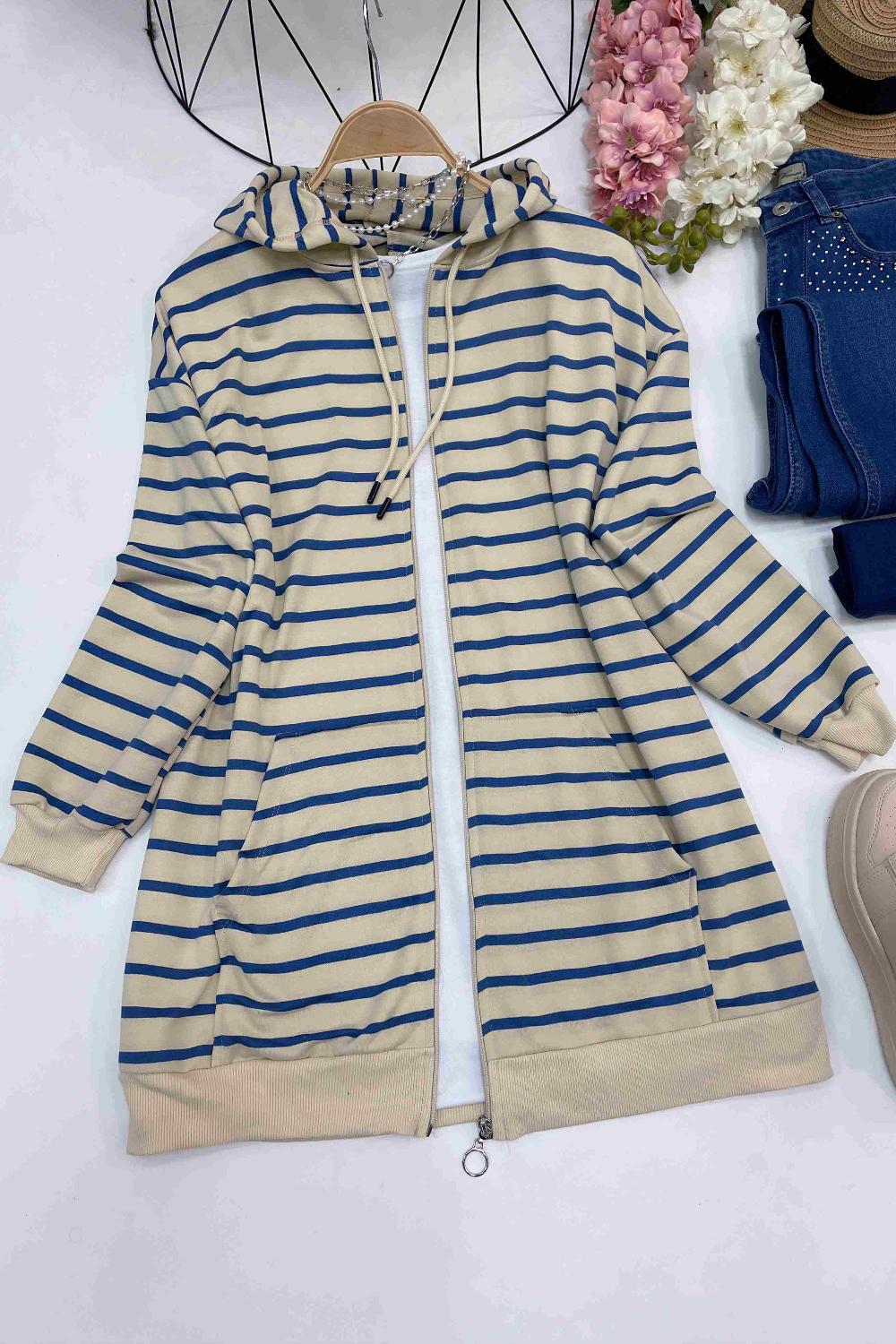 ÇİZGİLİ FERMUARLI KAPŞONLU  HIRKA