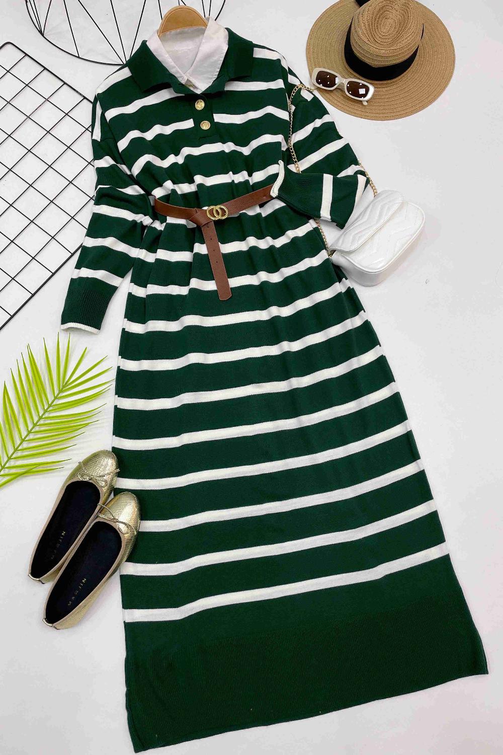 ÇİZGİLİ GOLD DÜGMELİ ELBİSE