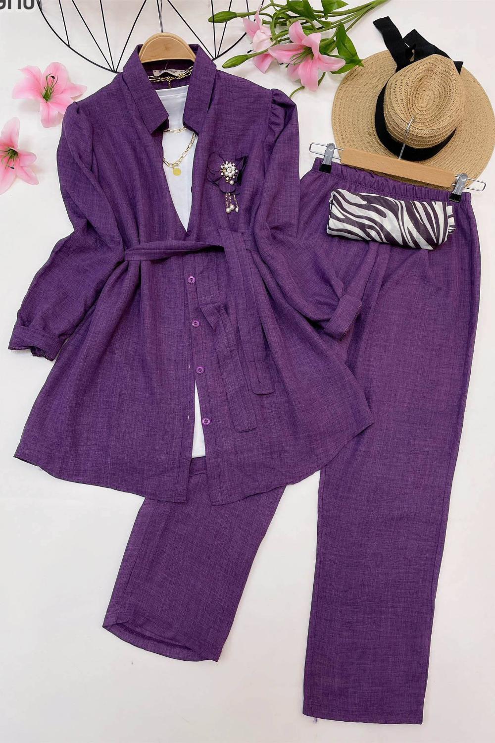 GOLD İNCİ BROŞLU KETEN TAKIM