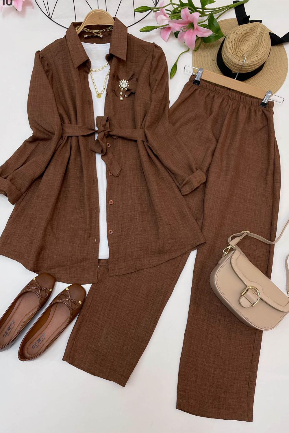 GOLD İNCİ BROŞLU KETEN TAKIM