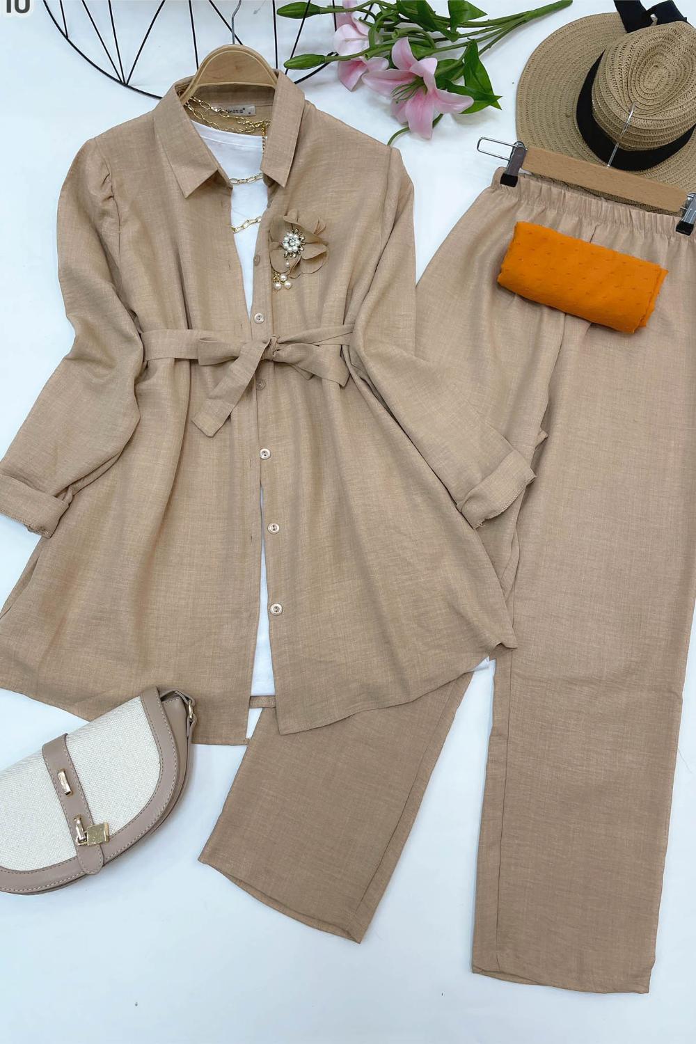 GOLD İNCİ BROŞLU KETEN TAKIM