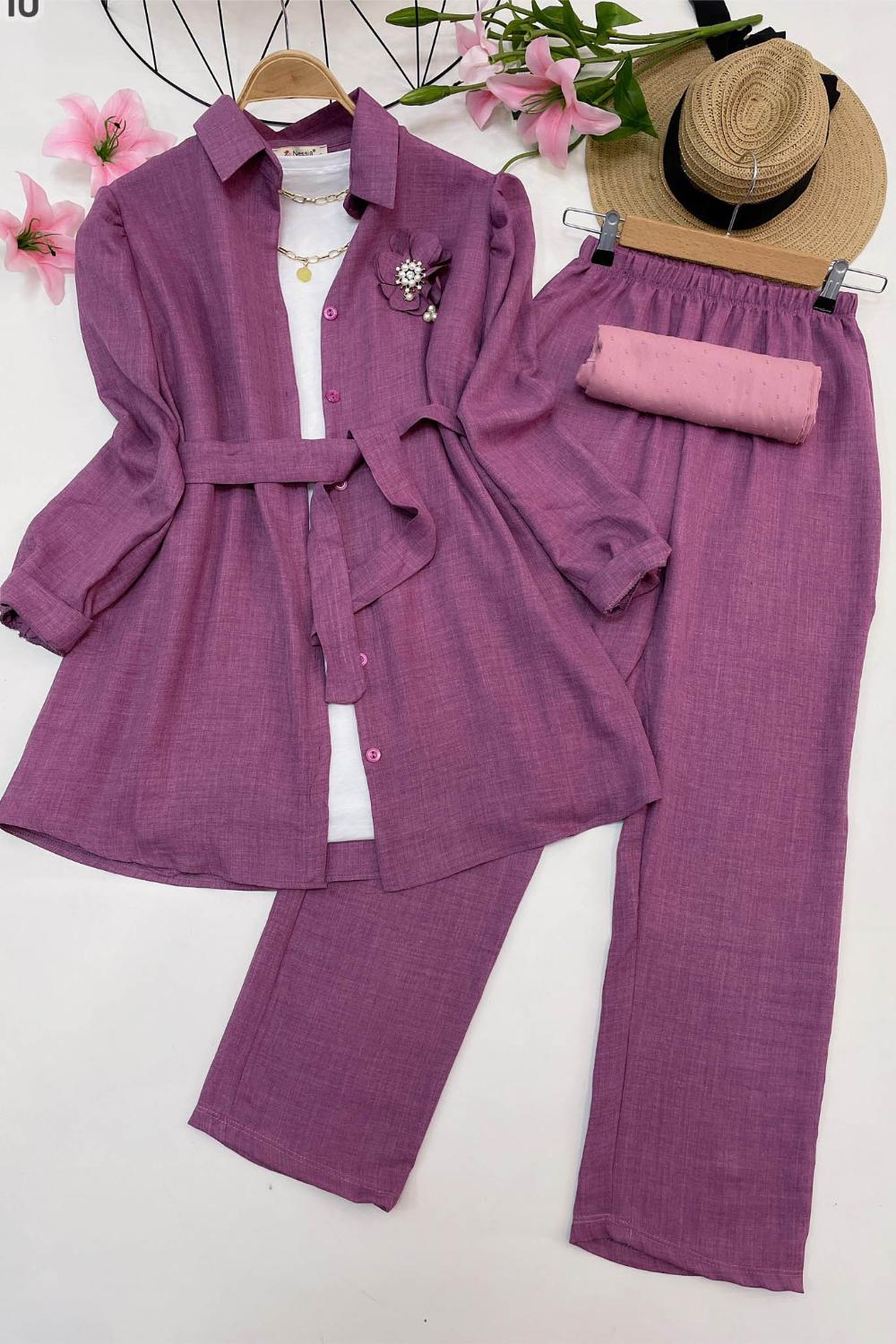 GOLD İNCİ BROŞLU KETEN TAKIM