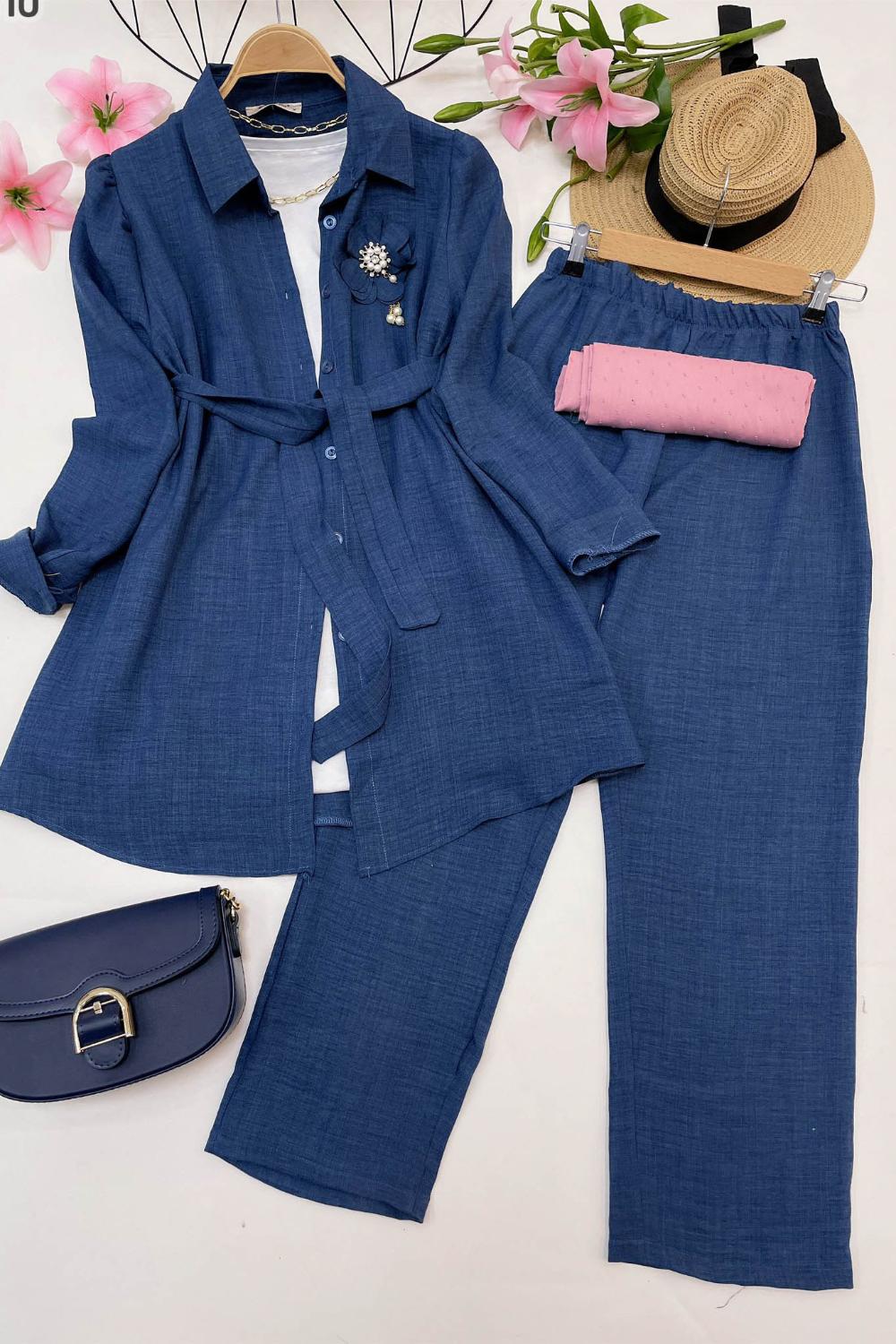 GOLD İNCİ BROŞLU KETEN TAKIM