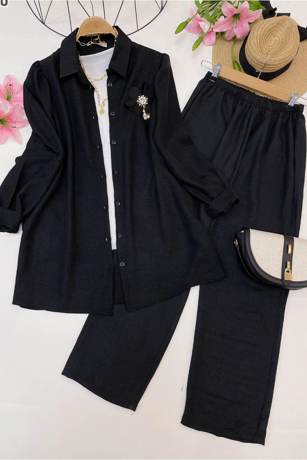 GOLD İNCİ BROŞLU KETEN TAKIM