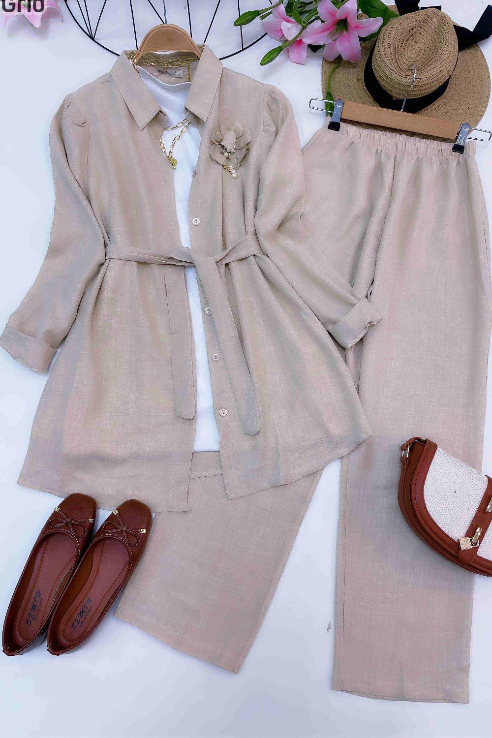 GOLD İNCİ BROŞLU KETEN TAKIM