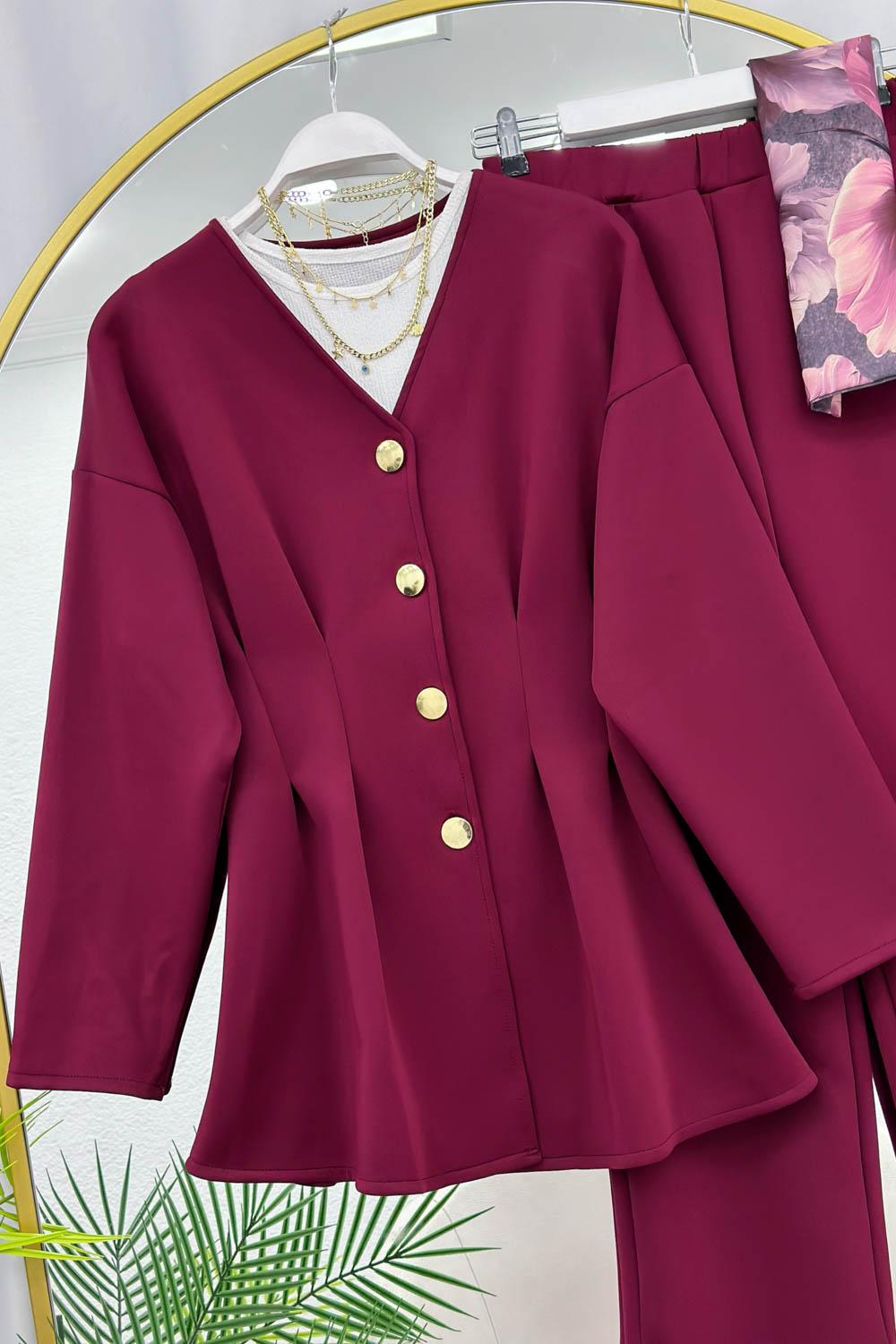 PENS DETAYLI GOLD DÜĞMELİ KADIN SCUBA PANTOLON TAKIM