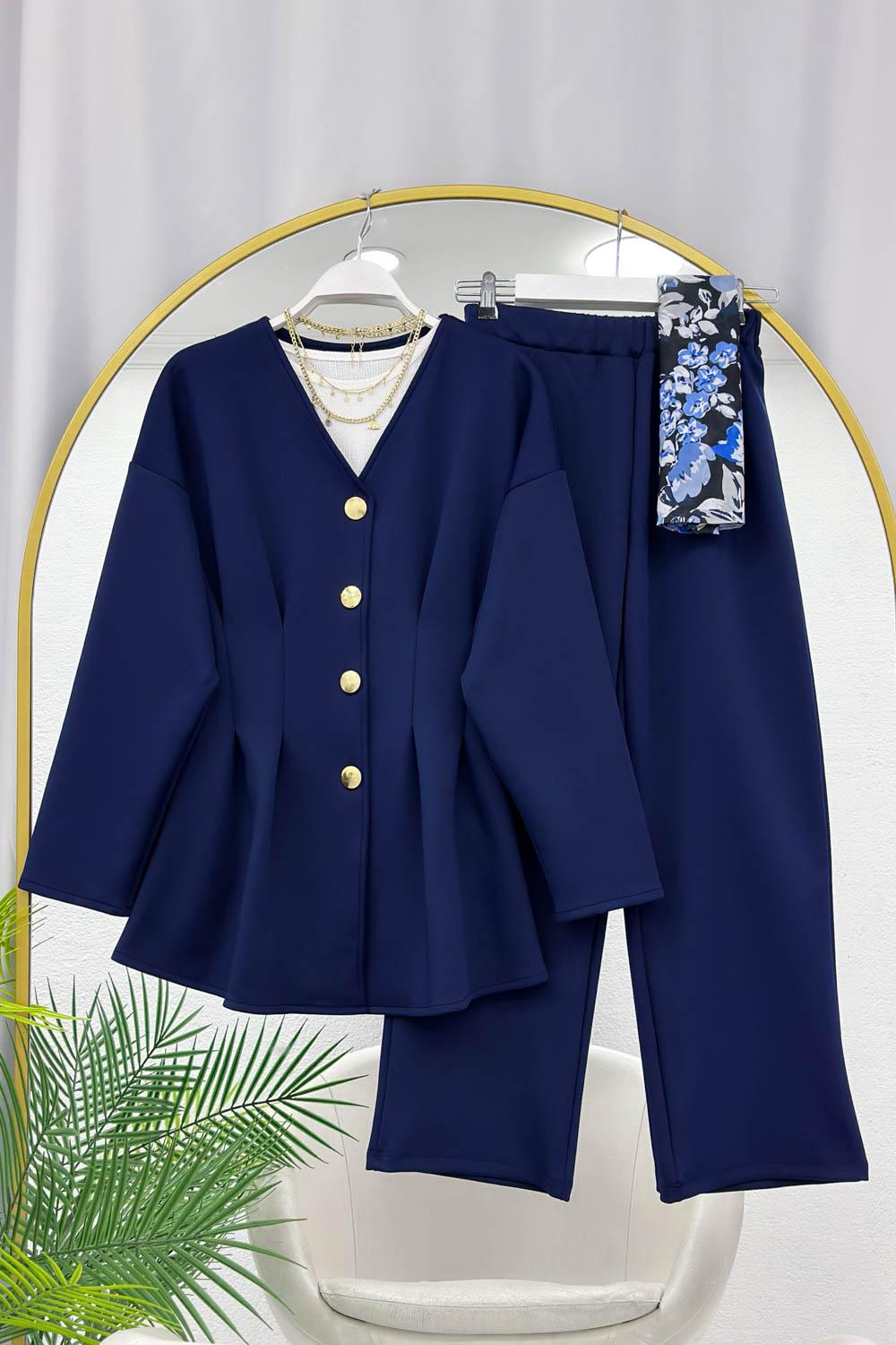 PENS DETAYLI GOLD DÜĞMELİ KADIN SCUBA PANTOLON TAKIM