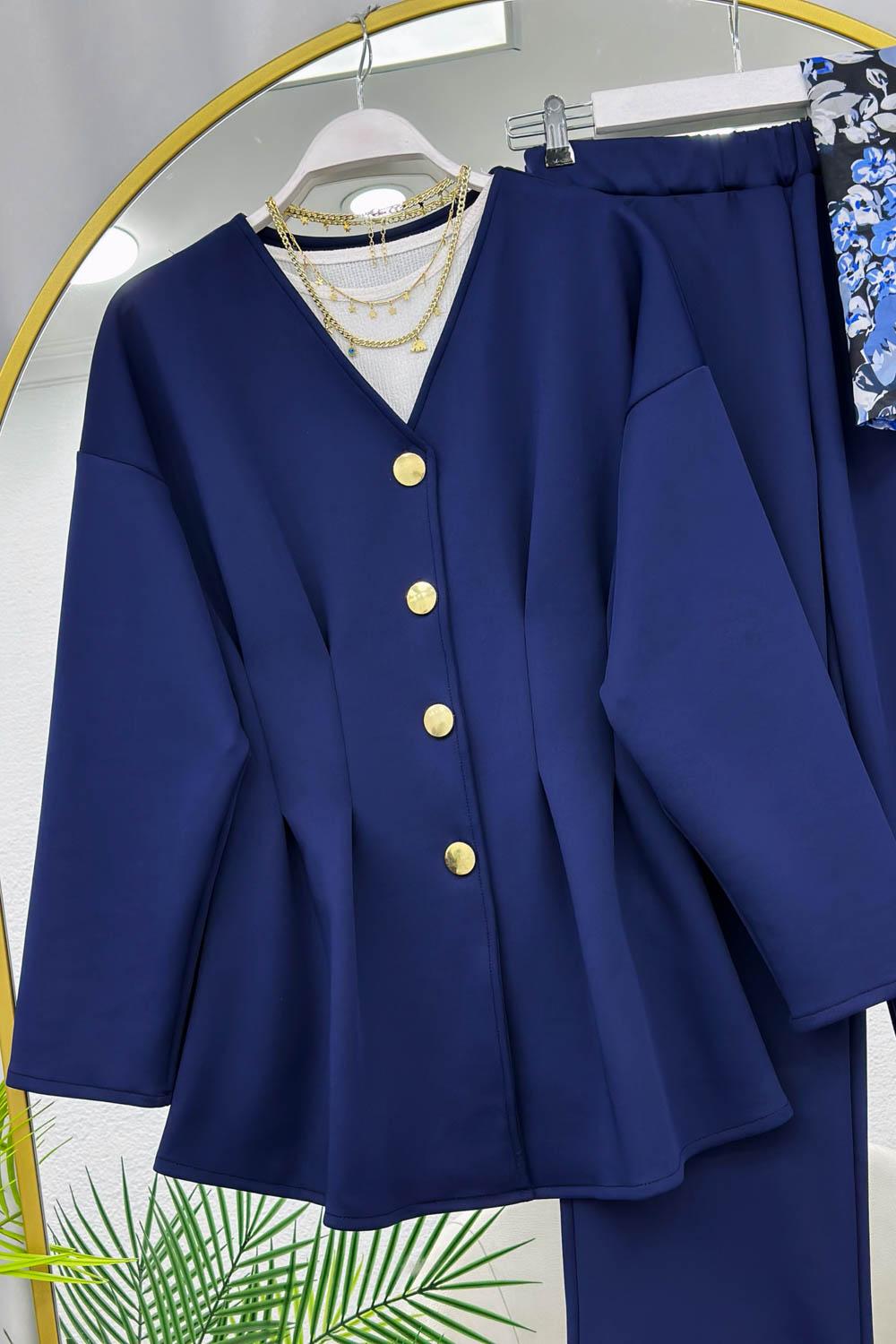 PENS DETAYLI GOLD DÜĞMELİ KADIN SCUBA PANTOLON TAKIM