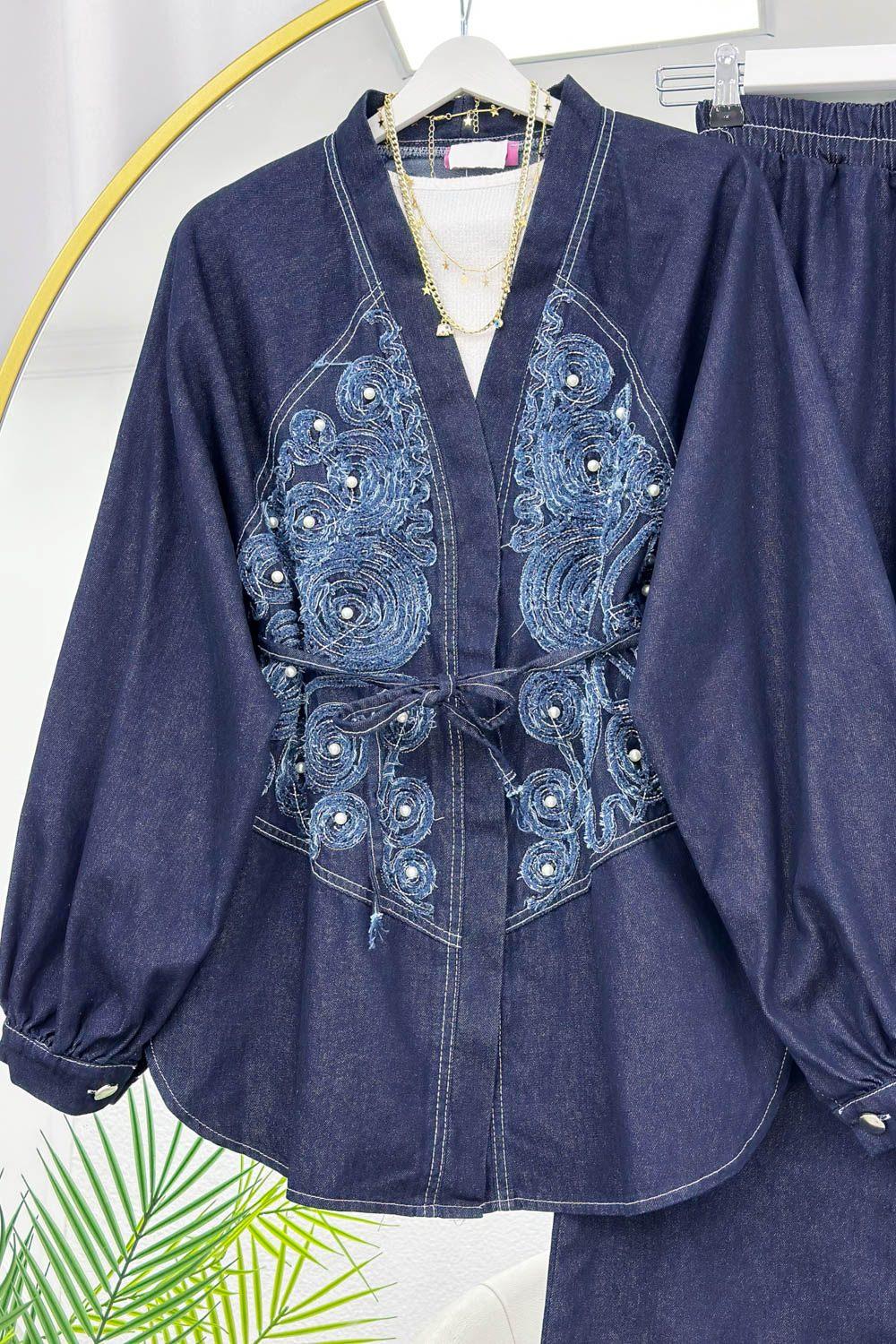 BONCUK  DESENLİ PANTOLONLU KADIN  KOT TAKIM