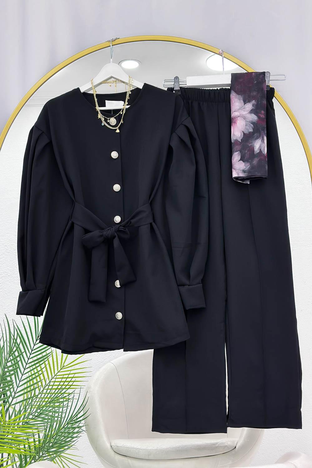 ÖNÜ DÜĞMELİ KUŞAKLI KREP TAKIM