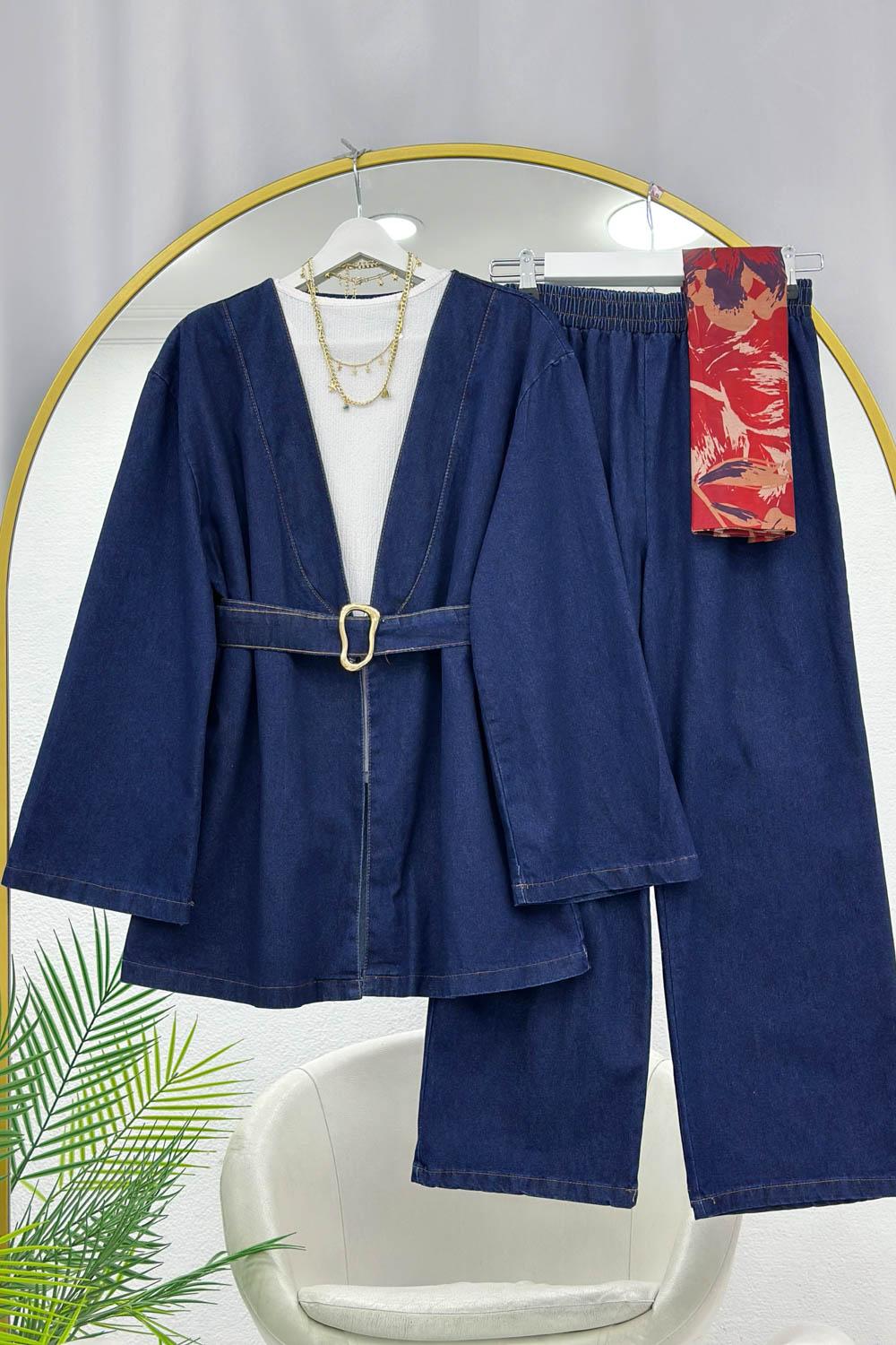 KEMER DETAYLI KİMONO PANTOLONLU TAKIM
