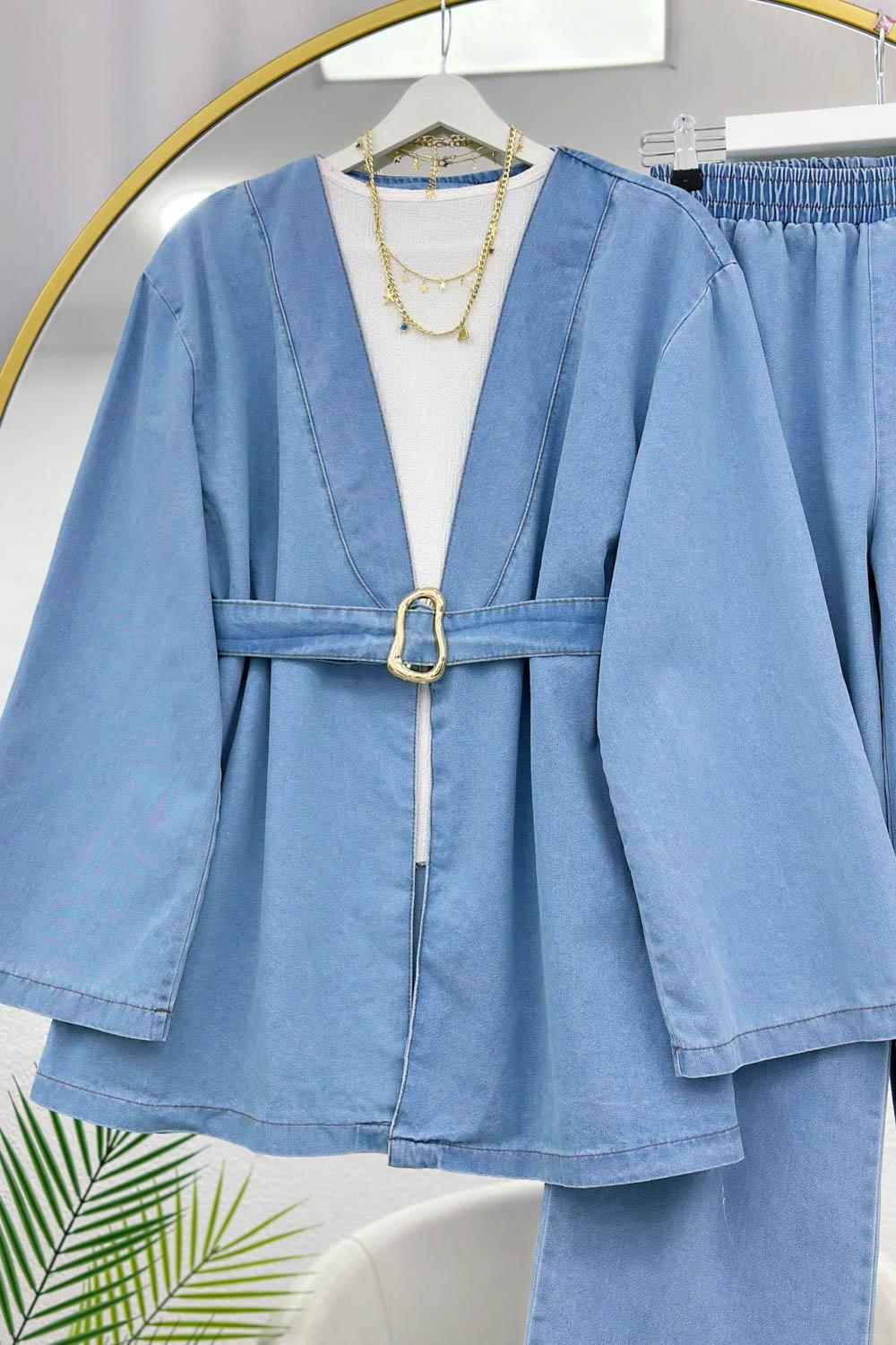 KEMER DETAYLI KİMONO PANTOLONLU TAKIM