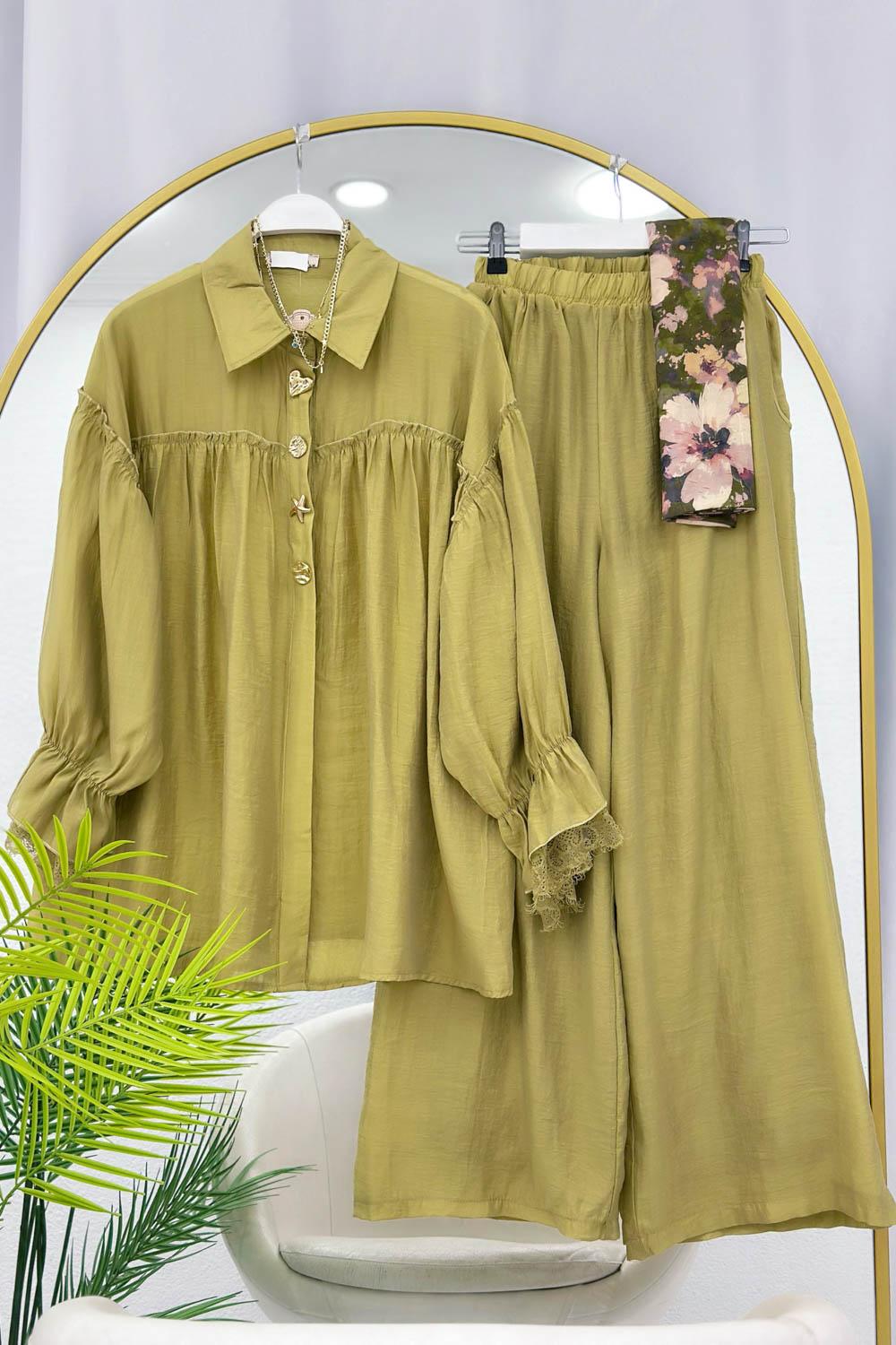 KOLU DANTELLİ GOLD DÜĞME PANTOLON TAKIM