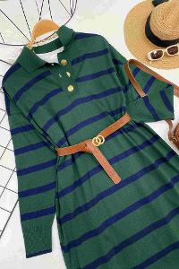 ÇİZGİLİ GOLD DÜGMELİ ELBİSE