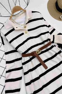 ÇİZGİLİ GOLD DÜGMELİ ELBİSE