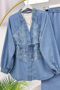 BONCUK  DESENLİ PANTOLONLU KADIN  KOT TAKIM