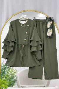 KOLLAR FIRFIRLI GOLD DÜĞME DETAYLI PANTOLONLU TAKIM