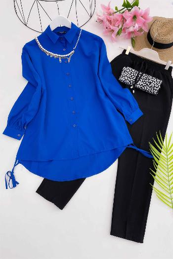 YANLARDAN İPLİ PAMUK KETEN GÖMLEK