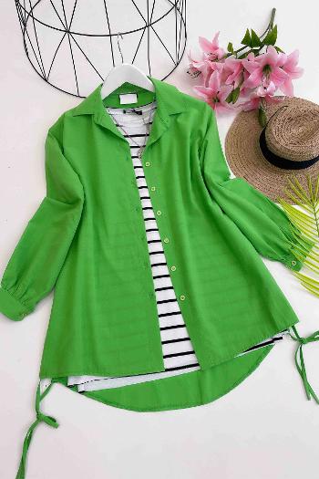 YANLARDAN İPLİ PAMUK KETEN GÖMLEK