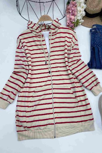 ÇİZGİLİ FERMUARLI KAPŞONLU HIRKA