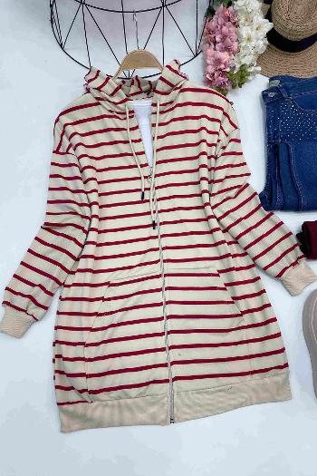 ÇİZGİLİ FERMUARLI KAPŞONLU HIRKA