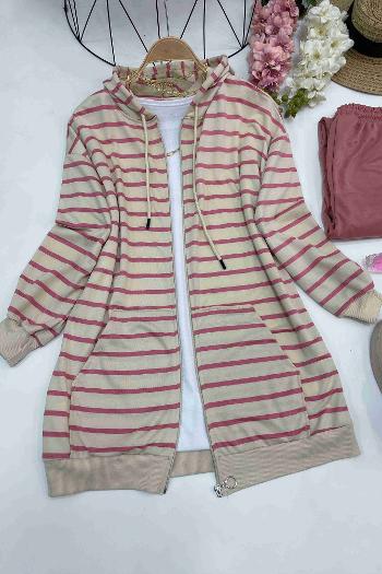 ÇİZGİLİ FERMUARLI KAPŞONLU HIRKA