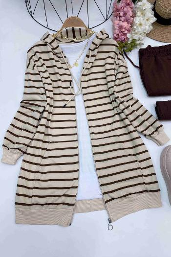 ÇİZGİLİ FERMUARLI KAPŞONLU HIRKA