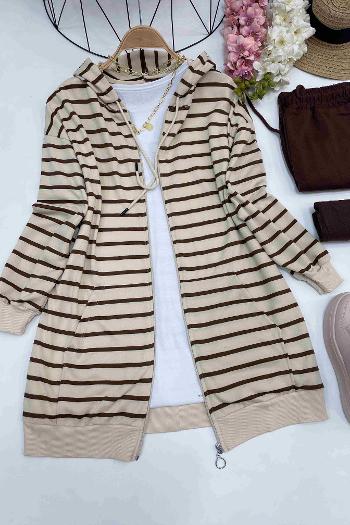 ÇİZGİLİ FERMUARLI KAPŞONLU HIRKA
