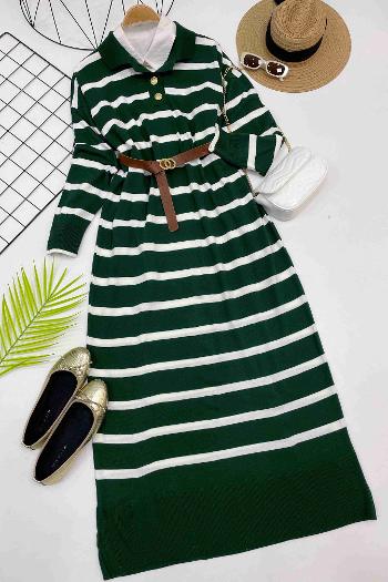 ÇİZGİLİ GOLD DÜGMELİ ELBİSE
