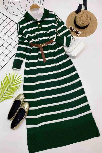 ÇİZGİLİ GOLD DÜGMELİ ELBİSE