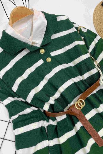 ÇİZGİLİ GOLD DÜGMELİ ELBİSE