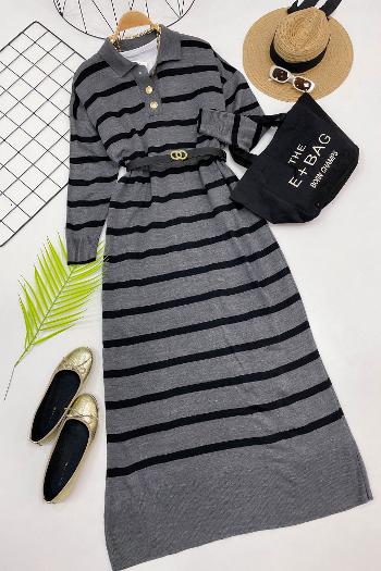 ÇİZGİLİ GOLD DÜGMELİ ELBİSE