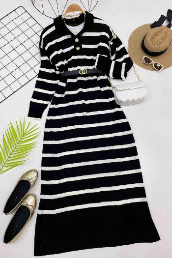 ÇİZGİLİ GOLD DÜGMELİ ELBİSE