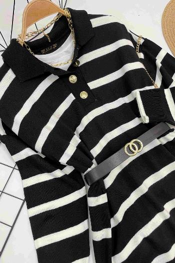 ÇİZGİLİ GOLD DÜGMELİ ELBİSE