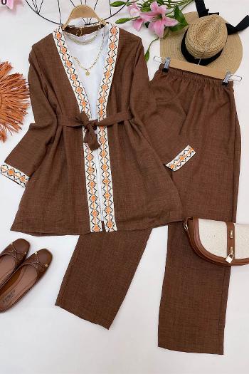 ETNİK ŞERİTLİ İKİLİ KETEN TAKIM