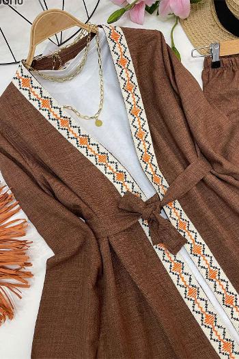 ETNİK ŞERİTLİ İKİLİ KETEN TAKIM