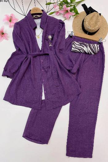 GOLD İNCİ BROŞLU KETEN TAKIM