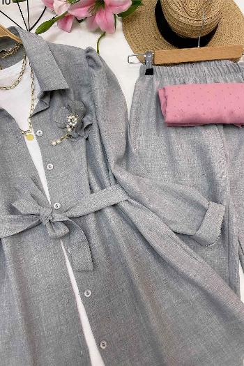 GOLD İNCİ BROŞLU KETEN TAKIM