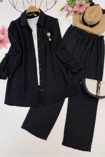 GOLD İNCİ BROŞLU KETEN TAKIM