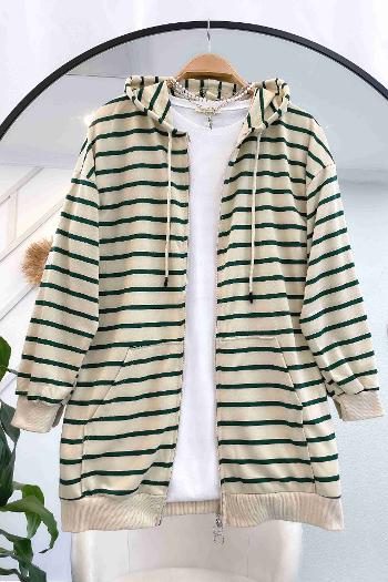 ÇİZGİLİ FERMUARLI KAPŞONLU HIRKA